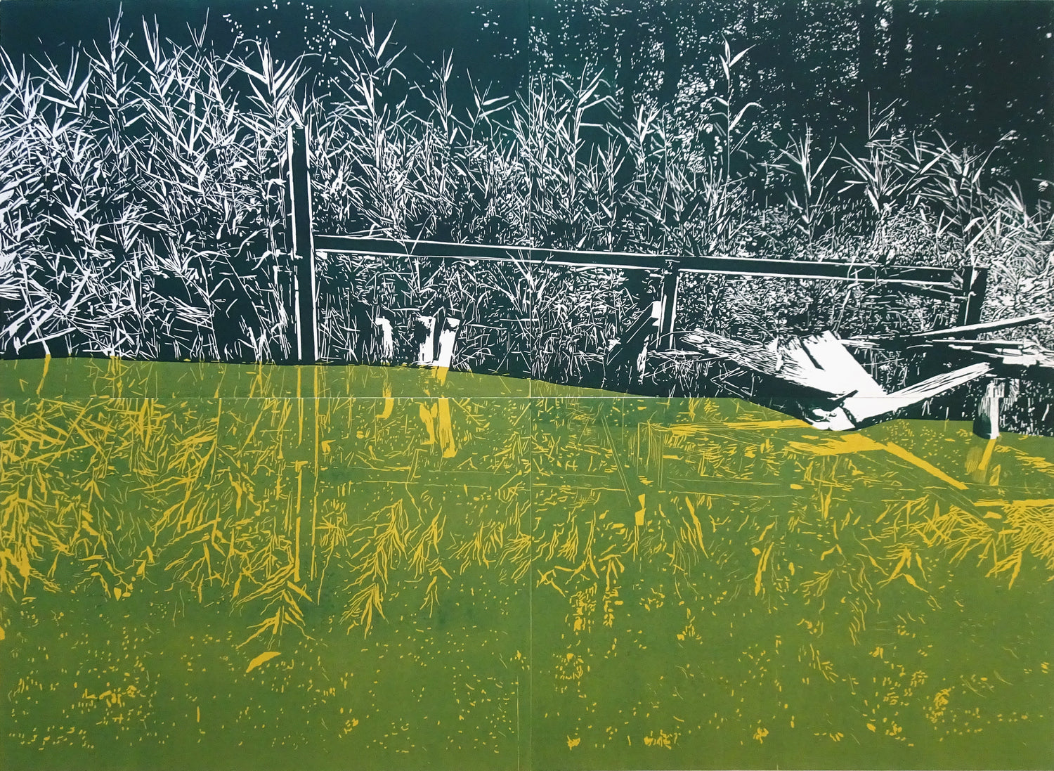 Desislava Unger, woodcut, two-coloured: green-black, title: You can always be there 1, size: 87x120 cm, 2-part, 2022